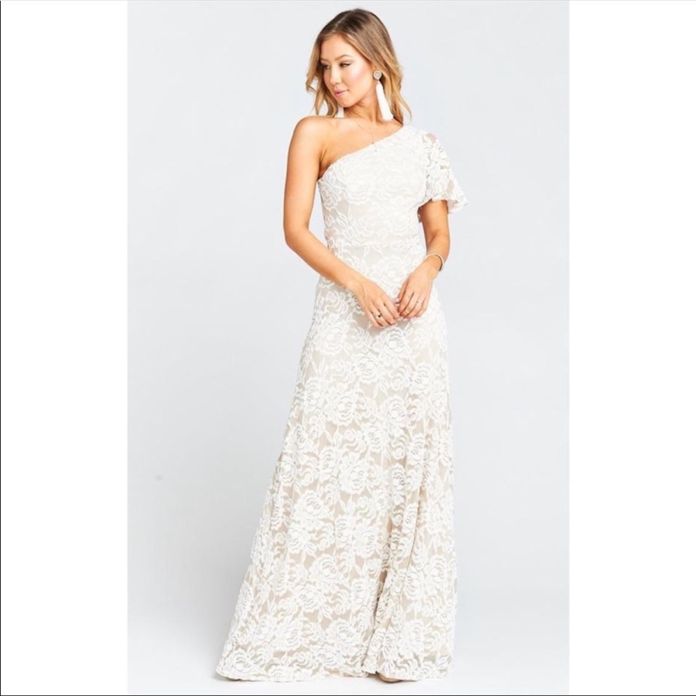 Show Me Your Mumu Portia One Shoulder Lace Maxi Wedding Dress in Lovers Lace,